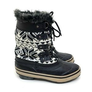 Tamarack Black & White Fair Isle Knit Lace Up Faux Fur Trim Rubber Winter Boots